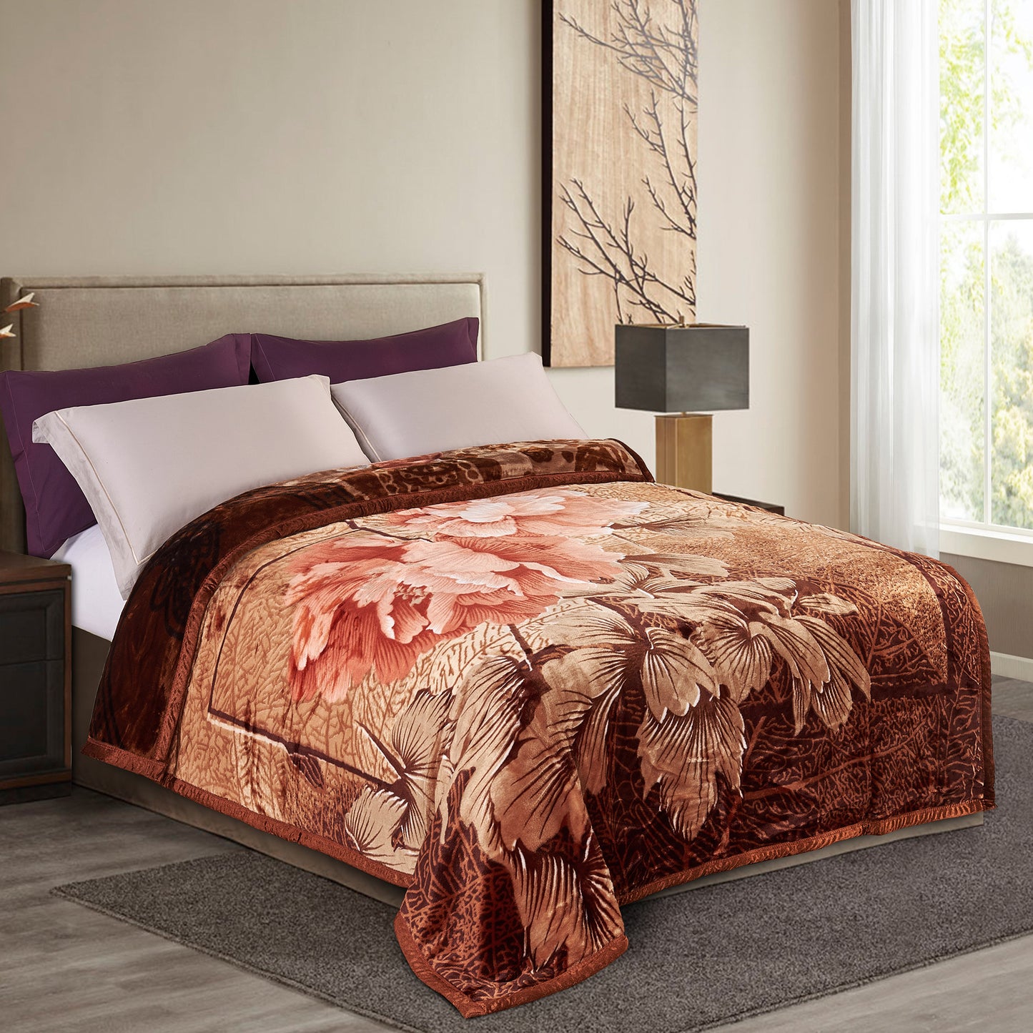 Pure Bedding Fleece King Size Blankets for Bed - Korean Mink Blanket - Soft Plush Cozy Fuzzy Luxury Microfiber, 5 LB, 2 Ply Reversible, 79x95 inches, Red Peony Rose