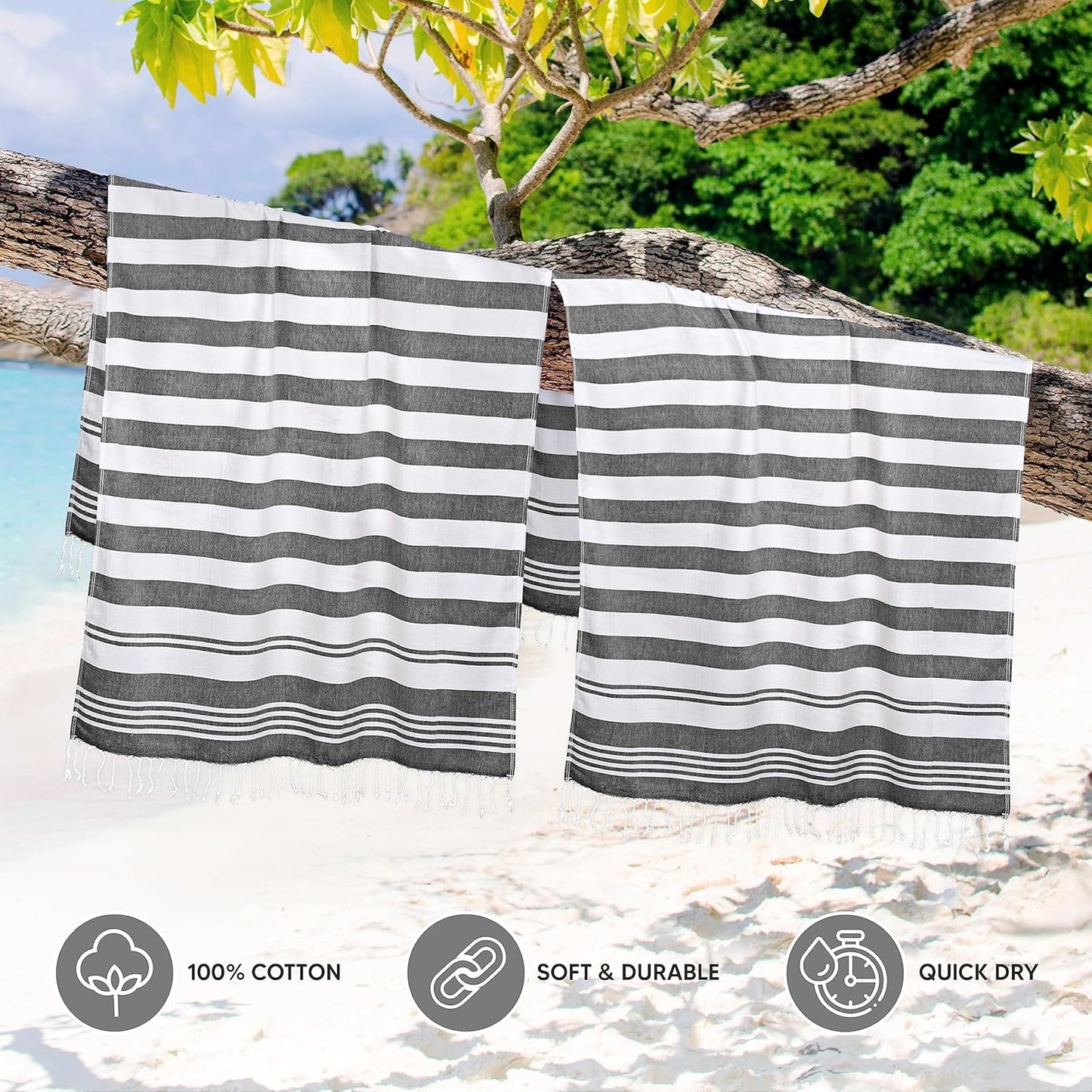 Pure Bedding 4 Pack Turkish Beach Towel (40 x 72 Inches) - 100% Cotton Oversized Sand Free Lightweight Quick-Dry Turkish Towel, Prewashed for Soft Feel, Large Peshtemal Towel for Travel