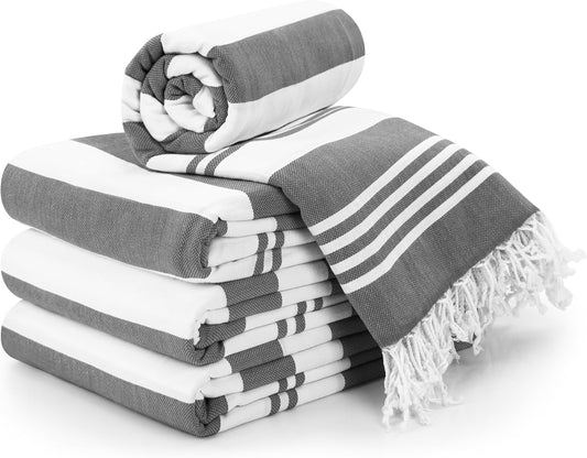 Pure Bedding 4 Pack Turkish Beach Towel (40 x 72 Inches) - 100% Cotton Oversized Sand Free Lightweight Quick-Dry Turkish Towel, Prewashed for Soft Feel, Large Peshtemal Towel for Travel