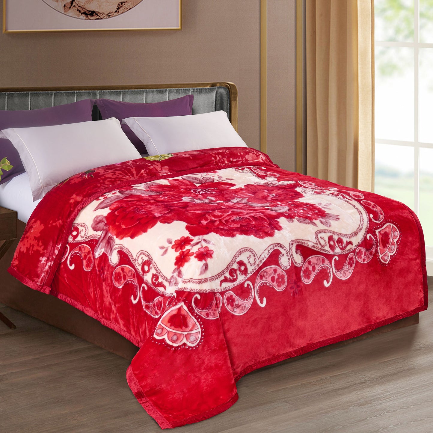 Pure Bedding Fleece King Size Blankets for Bed - Korean Mink Blanket - Soft Plush Cozy Fuzzy Luxury Microfiber, 5 LB, 2 Ply Reversible, 79x95 inches, Red Peony Rose