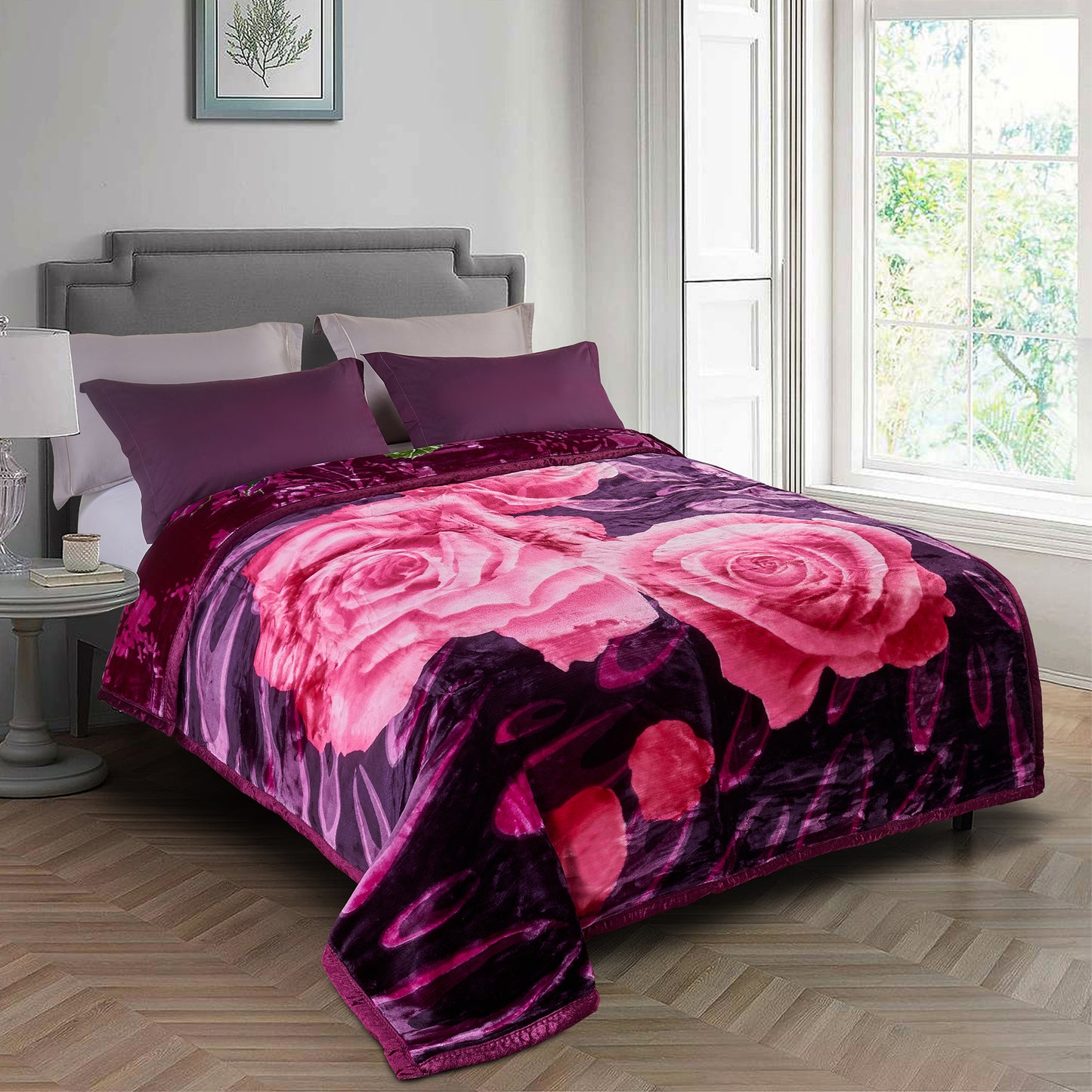 Pure Bedding Fleece King Size Blankets for Bed - Korean Mink Blanket - Soft Plush Cozy Fuzzy Luxury Microfiber, 5 LB, 2 Ply Reversible, 79x95 inches, Red Peony Rose