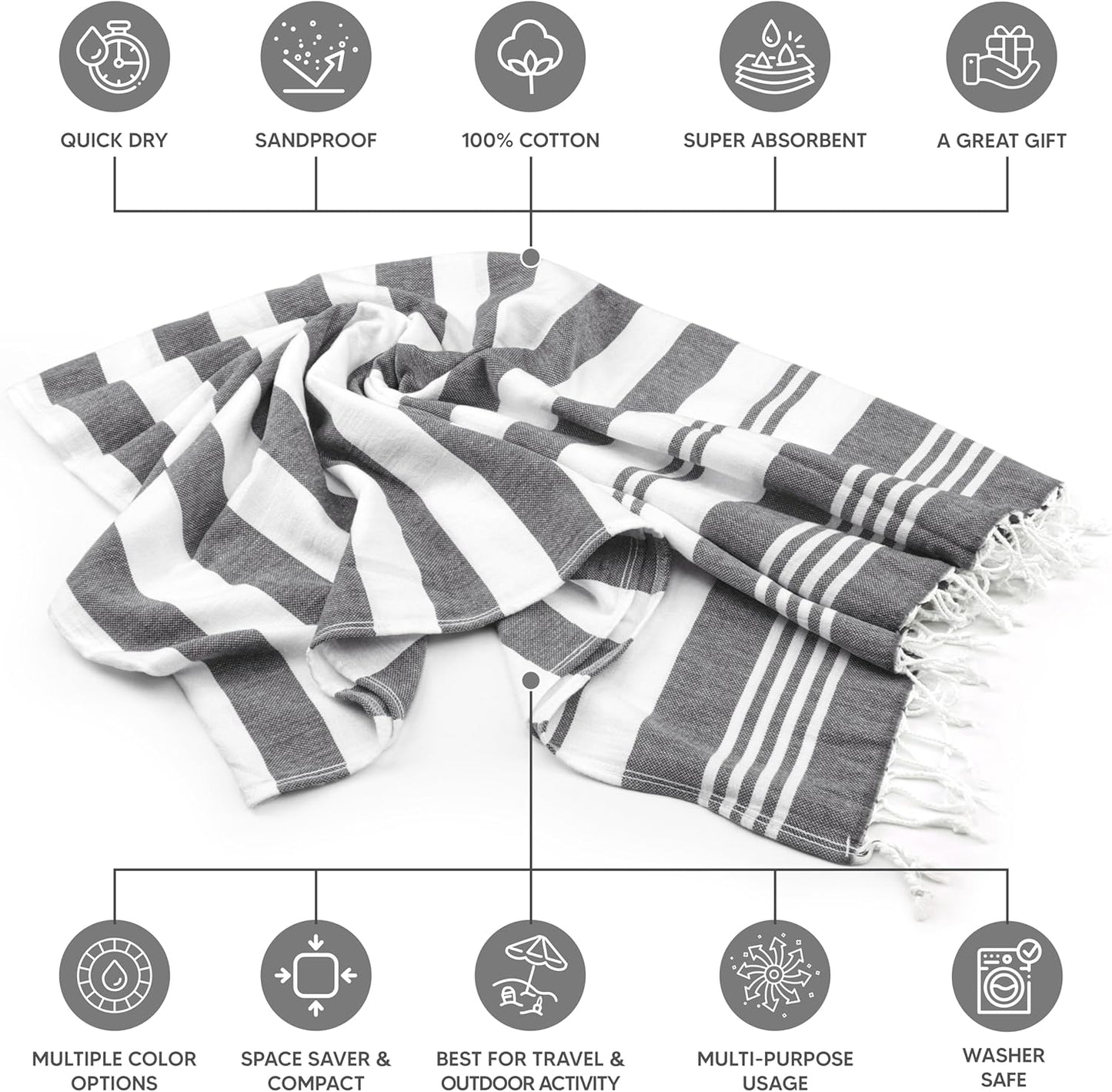 Pure Bedding 4 Pack Turkish Beach Towel (40 x 72 Inches) - 100% Cotton Oversized Sand Free Lightweight Quick-Dry Turkish Towel, Prewashed for Soft Feel, Large Peshtemal Towel for Travel