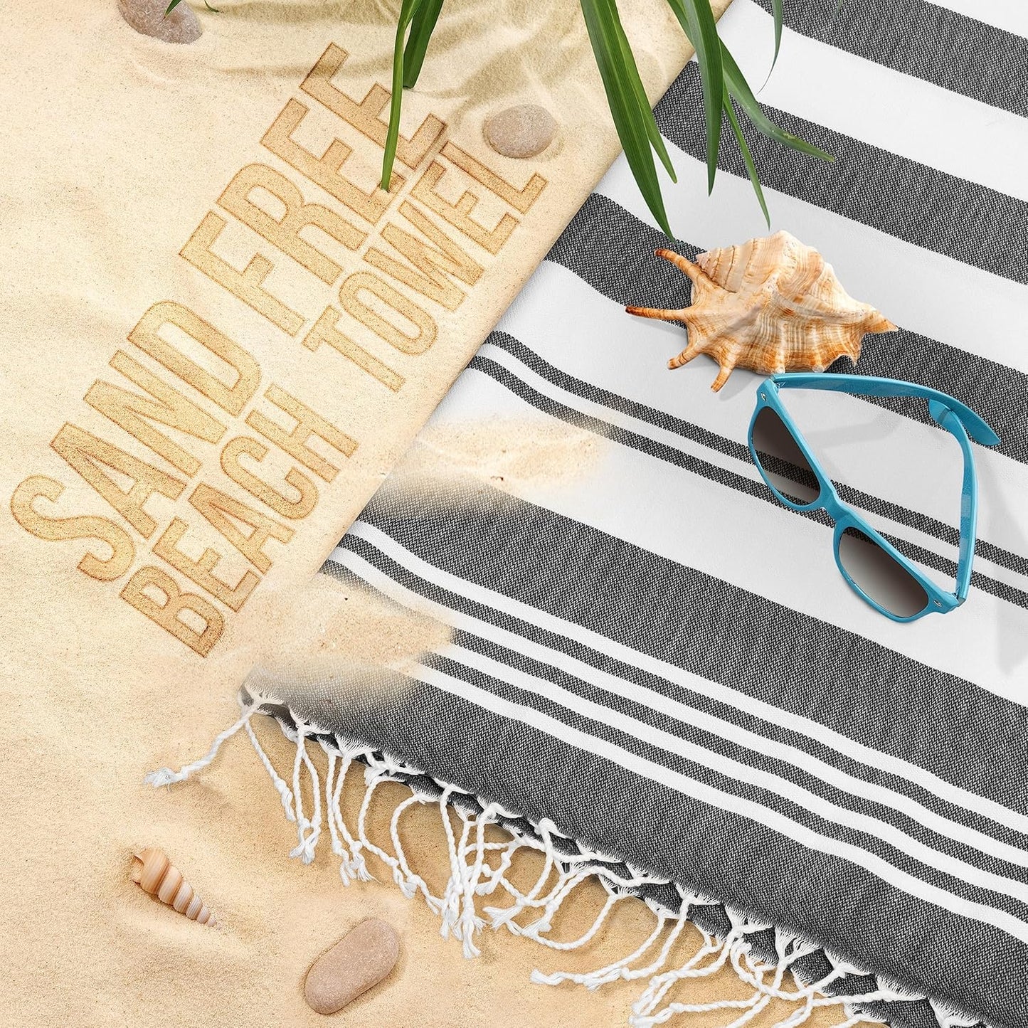 Pure Bedding 4 Pack Turkish Beach Towel (40 x 72 Inches) - 100% Cotton Oversized Sand Free Lightweight Quick-Dry Turkish Towel, Prewashed for Soft Feel, Large Peshtemal Towel for Travel