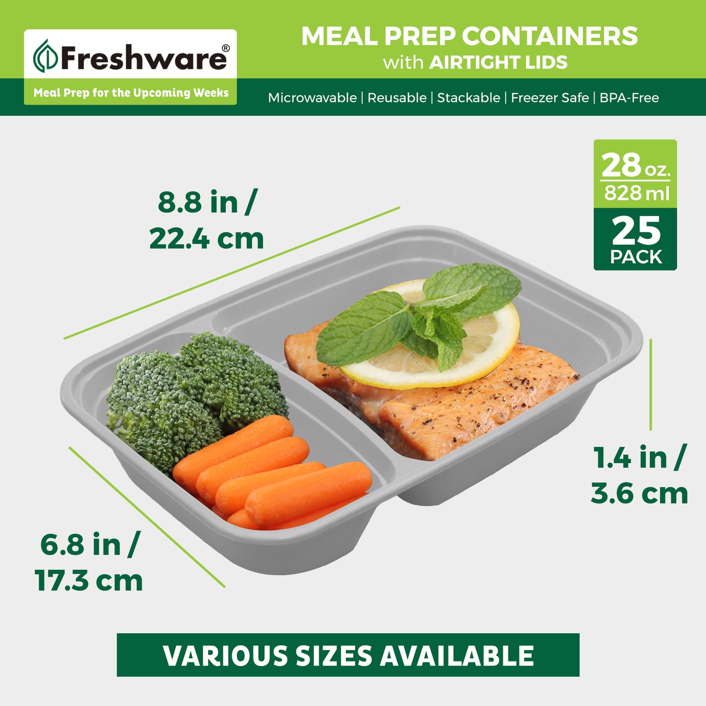 FR-228X25GR | Meal Prep Containers | 2-Comp | 28oz | 25PK